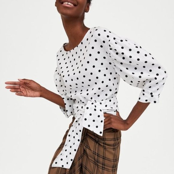 Zara Polka Dot Tie Back Wrap Linen Top Blouse - Picture 1 of 13